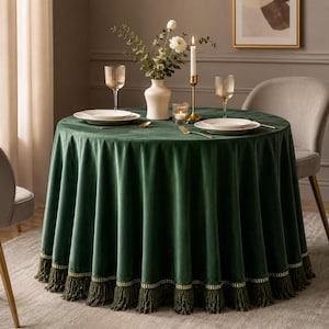 May include: A round, emerald green velvet tablecloth with a decorative fringe trim. The table is set with white plates, glassware, and gold-toned cutlery. A vase of white flowers and a lit candle complete the elegant dining scene.