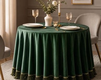 Deep Green Velvet Tablecloth, Round Table Cover, Custom Size, Braided or Fringe Edge