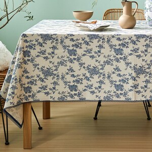 Tafelkleed blauw gebloemd, Frans landhuisdecor, boerderij eettafeldoek, rechthoekig tafelkleed