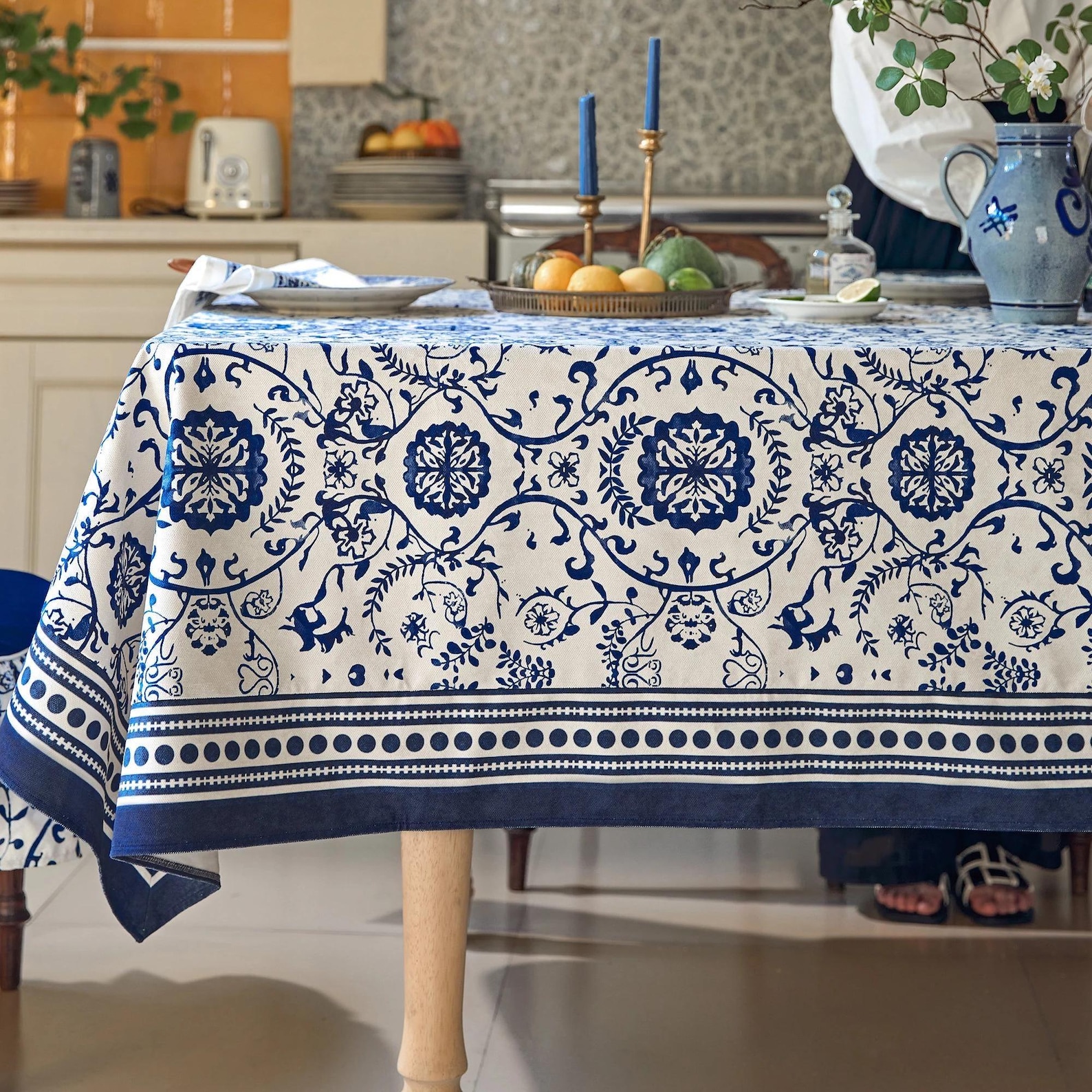 Blue White Tablecloth, Waterproof Dining Table Cover, Chinoiserie Style, Custom Size - 55"x86"/140x220cm