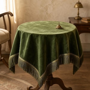 Mantel cuadrado de terciopelo verde bosque, funda con flecos personalizados para mesas pequeñas.