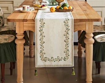 French Country Botanical Table Runner with Tassels, Farmhouse Dining Decor, Custom Size