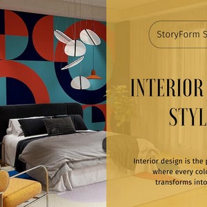May include: A modern bedroom interior with a bed and geometric wall art in red, teal, and blue. The image includes the text "INTERIOR DESIGN STYLES" and "StoryForm Studio". The room has a contemporary design.