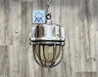 Polished Nautical Pendant Light | Vintage Ship’s Engine Room Hanging Lamp | Industrial Cage Light