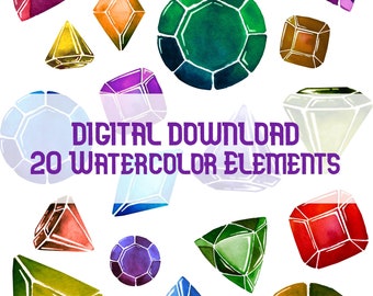 Può includere: Download digitale di venti elementi di pietre preziose ad acquerello. Le gemme sono di varie forme e colori, tra cui rosso, blu, verde e viola, su sfondo bianco. Il testo recita: "DOWNLOAD DIGITALE 20 ELEMENTI ACQUERELLO."