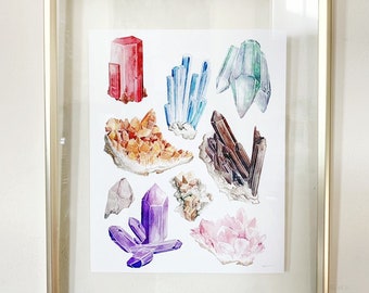 Watercolor Crystals Print, Crystal Art Print, Gemstone Print, Healing Crystal Art, Scientific Illustration, Boho, Witchy, Fantasy Art Print