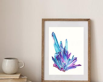 Watercolor Crystal Art Print, Galaxy Crystal Printable, Blue Purple Crystals, Witchy Decor, Fantasy Art, Magic Crystals, Digital Download