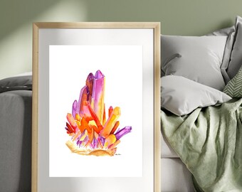 Watercolor Crystal Art Print, Sunset Crystal Printable, Pink Purple Crystals, Witchy Decor, Fantasy Art, Magic Crystals, Digital Download