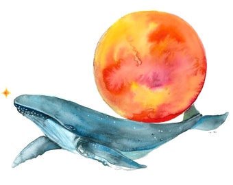Watercolor Whale Art Print, Nautical Art, Ocean, Sea Creatures, Nautical Nursery Decor, Celestial Whale, Blue Whale Painting, Ocean Inspired