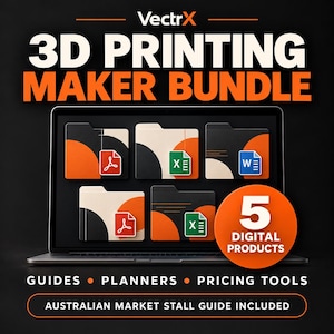 Może przedstawiać: Cyfrowy pakiet produktów zatytułowany VectrX 3D Printing Maker Bundle z pięcioma ikonami reprezentującymi pliki PDF, Excel i Word na ekranie laptopa. Grafika zawiera tekst 5 Digital Products, Guides, Planners, Pricing Tools oraz Australian Market Stall Guide Included.