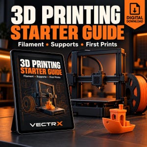 May include: A digital download guide titled 3D Printing Starter Guide: Filament, Supports, First Prints displayed on a tablet screen, featuring a black 3D printer with orange filament and an orange 3D printed boat model on a dark surface.