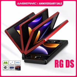 May include: A black and red handheld gaming console with a clamshell design. The screen displays a colourful graphic. The console has buttons and a joystick. The text "RG DS" is visible. The image also includes the text "ANBERNIC X ANNIVERSARY SALE".