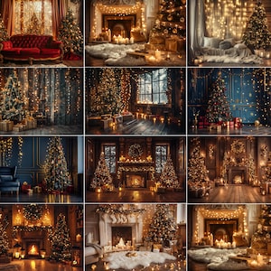 May include: Nine images of festive Christmas interiors. Each scene showcases a decorated Christmas tree, warm lighting, and seasonal decorations. Some scenes include fireplaces, sofas, and gifts, creating a cosy holiday atmosphere.