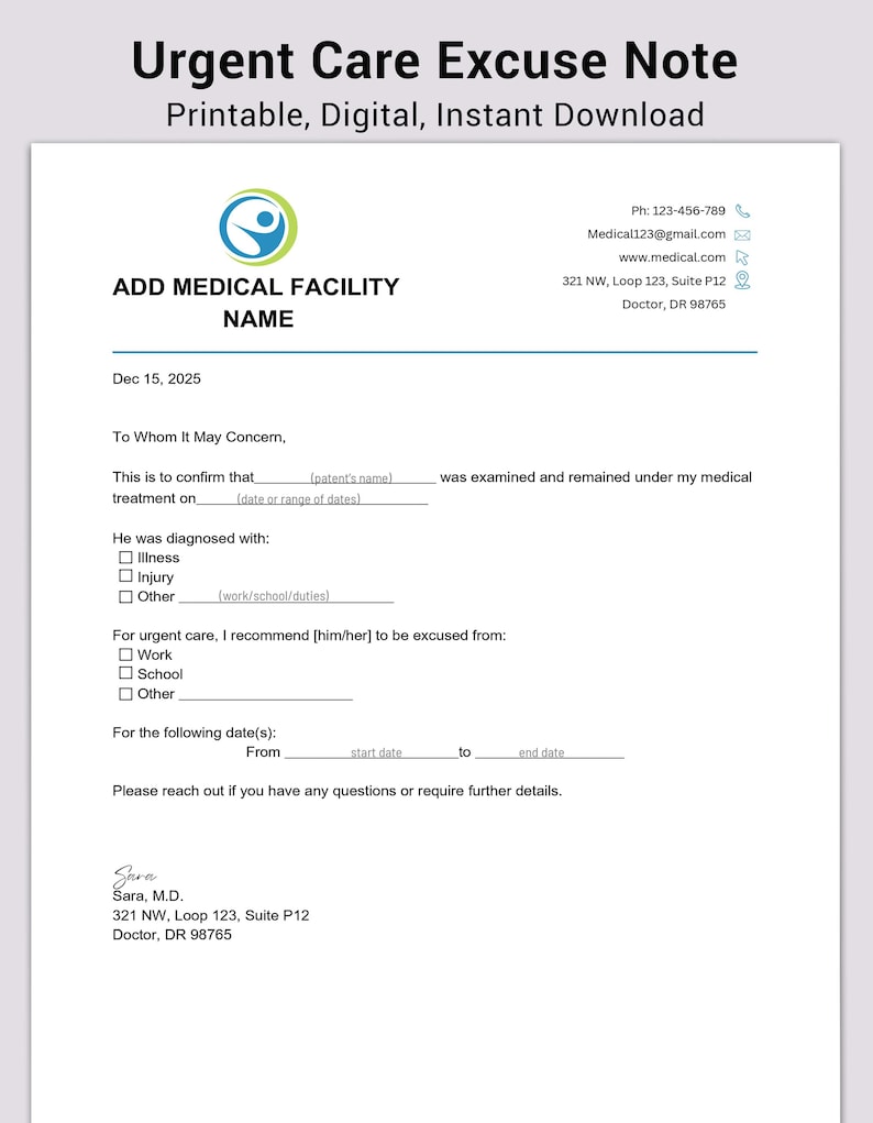 Editable Urgent Care Doctor Note Template ( MS Word, Canva ,PDF ...