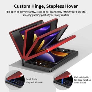 May include: A black and red handheld gaming device with a custom hinge and stepless hover feature. The device is shown open, revealing multiple screens. Text on the image reads "Custom Hinge, Stepless Hover" and "Small Angle Magnetic Closure."