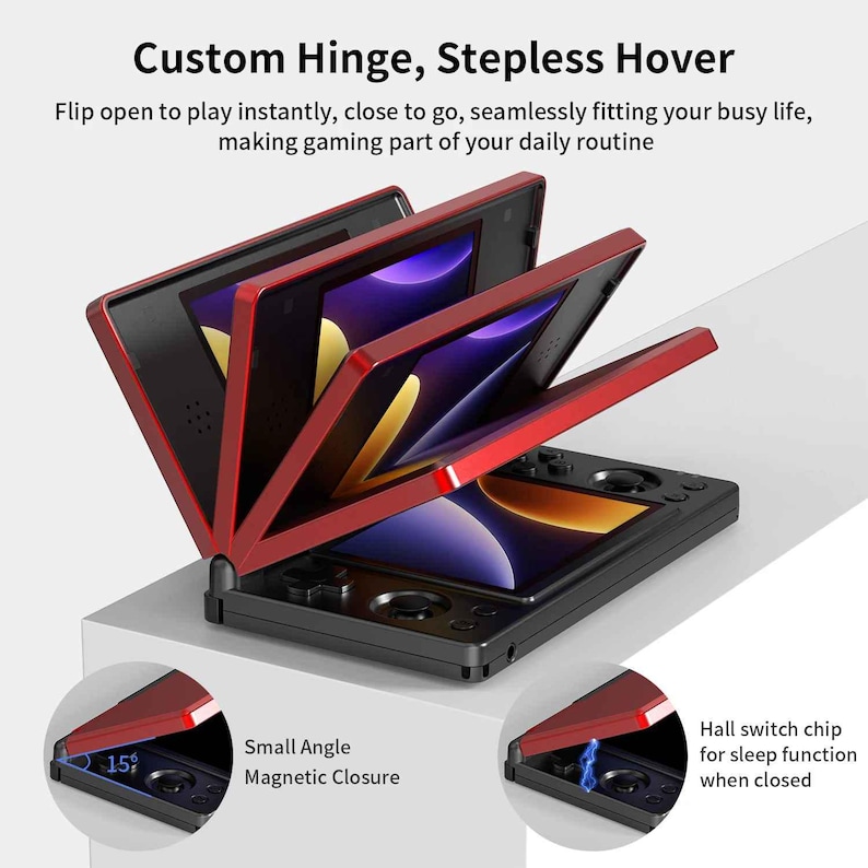 May include: A black and red handheld gaming device with a custom hinge and stepless hover feature. The device is shown open, revealing multiple screens. Text on the image reads "Custom Hinge, Stepless Hover" and "Small Angle Magnetic Closure."