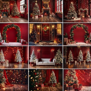 May include: Multiple images of Christmas trees in various settings, including rooms with fireplaces, arches, and doorways. The trees are decorated with lights and ornaments, and surrounded by gifts.
