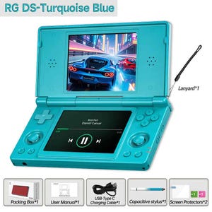 May include: Turquoise blue handheld games console with two screens and control buttons. The top screen shows a car racing game. Includes a lanyard, charging cable, stylus, screen protectors, packing box, and user manual.