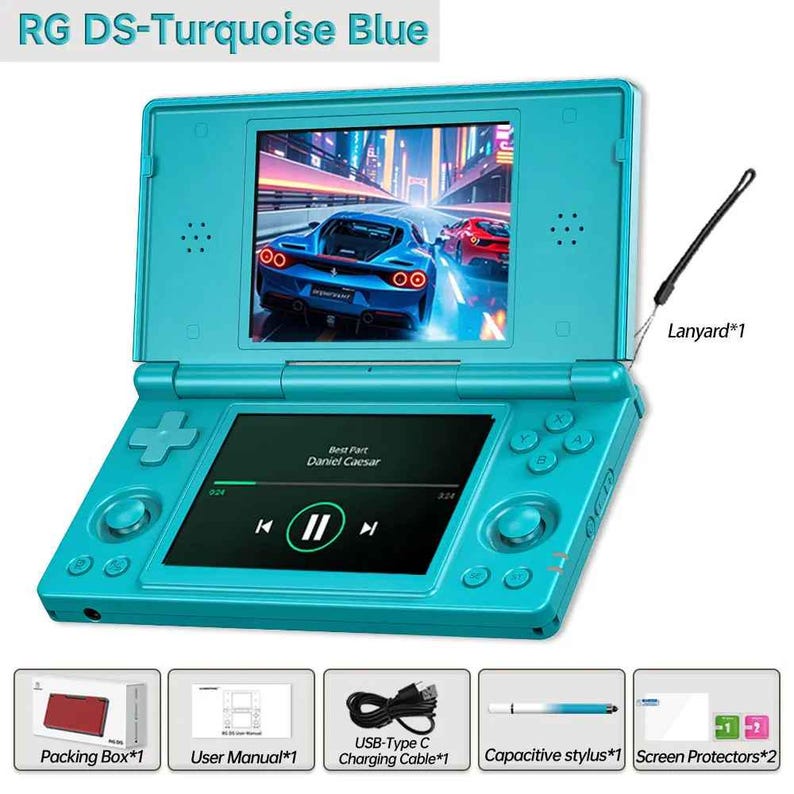 May include: Turquoise blue handheld games console with two screens and control buttons. The top screen shows a car racing game. Includes a lanyard, charging cable, stylus, screen protectors, packing box, and user manual.