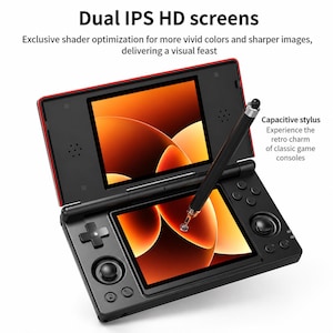 May include: A black and red handheld gaming console with dual IPS HD screens. The console has a capacitive stylus and various buttons. The screen shows an orange and brown graphic. Text on the screen reads "Dual IPS HD screens" and "Experience the retro charm of classic game consoles".
