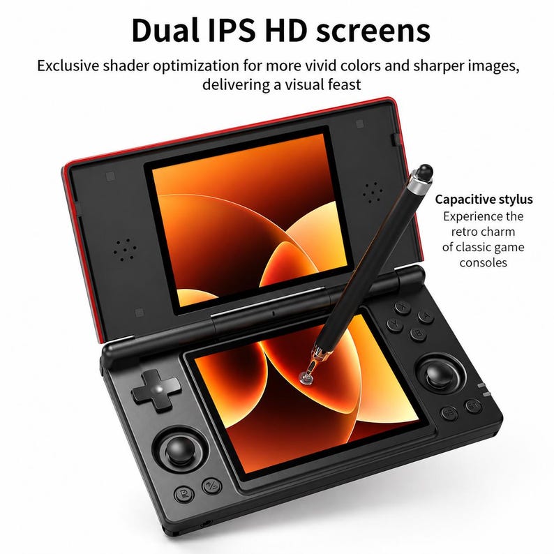 May include: A black and red handheld gaming console with dual IPS HD screens. The console has a capacitive stylus and various buttons. The screen shows an orange and brown graphic. Text on the screen reads "Dual IPS HD screens" and "Experience the retro charm of classic game consoles".