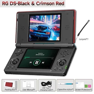 May include: Black and crimson red handheld gaming console with two screens. The top screen shows a racing game, while the bottom screen displays music controls. Includes a lanyard, charging cable, stylus, screen protectors, and a packing box.