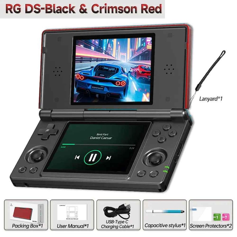 May include: Black and crimson red handheld gaming console with two screens. The top screen shows a racing game, while the bottom screen displays music controls. Includes a lanyard, charging cable, stylus, screen protectors, and a packing box.