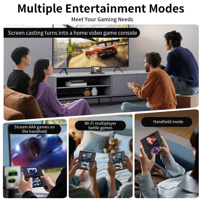 May include: An image demonstrating a handheld gaming device with various entertainment options. It shows screen casting to a TV, streaming games, Wi-Fi multiplayer battles, and handheld mode. Text includes: "Multiple Entertainment Modes" and "Meet Your Gaming Needs."