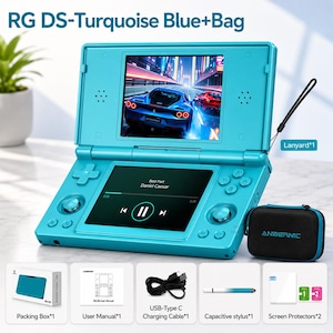 May include: A turquoise handheld games console with two screens, displaying a racing game and music controls. Accessories include a black carry case, charging cable, stylus, screen protectors, and a lanyard. The text "RG DS-Turquoise Blue+Bag" is visible.