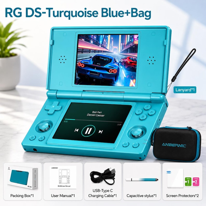 May include: A turquoise handheld games console with two screens, displaying a racing game and music controls. Accessories include a black carry case, charging cable, stylus, screen protectors, and a lanyard. The text "RG DS-Turquoise Blue+Bag" is visible.