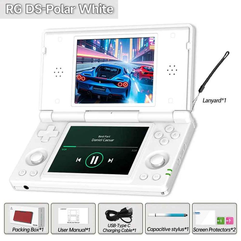 May include: A white handheld gaming console, showing a racing game on the top screen and a music player interface on the bottom screen. Includes a lanyard, charging cable, stylus, screen protectors, packing box, and user manual. The text "RG DS-Polar White" is visible.