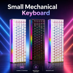 May include: Three small mechanical keyboards with RGB backlighting are displayed. The keyboards are white and black, with colorful side lighting. The image includes the text "Small Mechanical Keyboard", "Compact & Portable", "Mechanical Switches", and "RGB Backlight".
