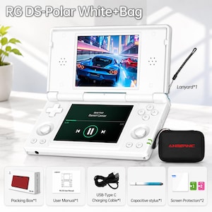 May include: White RG DS-Polar handheld gaming console with a screen showing a racing game. Includes a black carrying case, USB-C charging cable, stylus, screen protectors, and a lanyard. The console has a screen displaying a music player.
