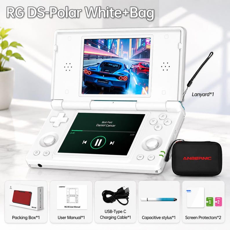 May include: White RG DS-Polar handheld gaming console with a screen showing a racing game. Includes a black carrying case, USB-C charging cable, stylus, screen protectors, and a lanyard. The console has a screen displaying a music player.