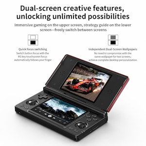 May include: A black and red dual-screen handheld games console. The top screen shows a red racing car, the bottom screen displays a blue ocean scene. Text on the screen reads "Dual-screen creative features, unlocking unlimited possibilities."