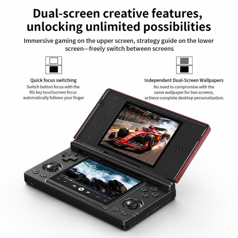 May include: A black and red dual-screen handheld games console. The top screen shows a red racing car, the bottom screen displays a blue ocean scene. Text on the screen reads "Dual-screen creative features, unlocking unlimited possibilities."