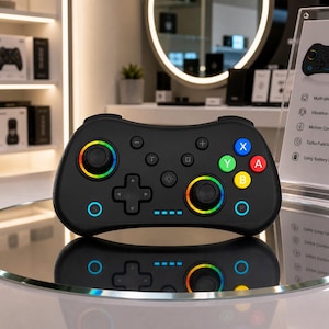 May include: A black multi-platform game controller with colorful buttons and a sleek design. The controller features a D-pad, action buttons, and analog sticks with rainbow-colored rings. The controller is displayed on a reflective surface.