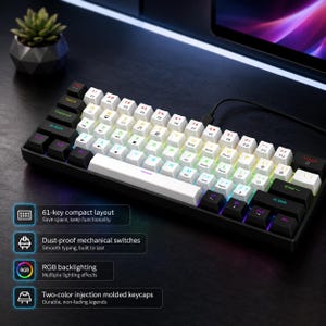 May include: A black and white 61-key compact keyboard with RGB backlighting. The keyboard features two-colour injection moulded keycaps and dust-proof mechanical switches. The keyboard has a wired connection.