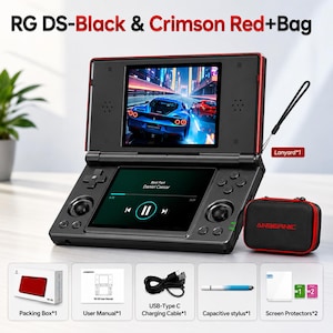 May include: Black and crimson red handheld gaming console with a screen showing a racing game. The console includes a black carrying case with red trim, a lanyard, a charging cable, a stylus, and screen protectors. The text "RG DS-Black & Crimson Red+Bag" is at the top.