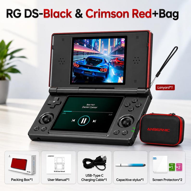 May include: Black and crimson red handheld gaming console with a screen showing a racing game. The console includes a black carrying case with red trim, a lanyard, a charging cable, a stylus, and screen protectors. The text "RG DS-Black & Crimson Red+Bag" is at the top.