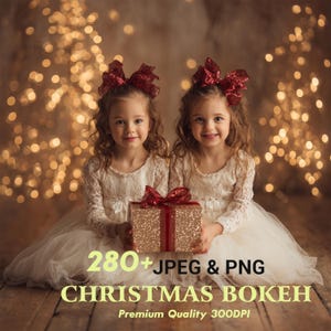 May include: Two young girls in white dresses and red bows hold a gold gift box with a red ribbon. The image has text that reads "280+ JPEG & PNG CHRISTMAS BOKEH Premium Quality 300DPI". The background is a blurred bokeh effect.