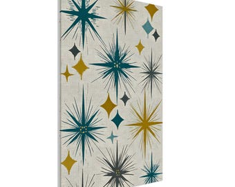 Grote canvaskunst uit het atoomtijdperk | Starburst-print uit het midden van de eeuw | Retro jaren 50 patroon wanddecoratie | Abstract blauwgroen en mosterd