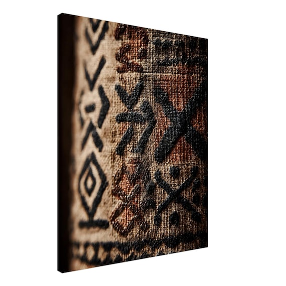 African Mudcloth Canvas | Geometric Tribal Art | Boho Wall Decor | Modern African Print | Bogolanfini Texture | Earth Tone Wall Art