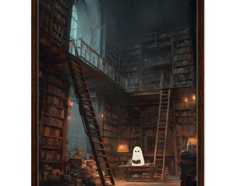 Tela emoldurada com fantasma lendo em biblioteca | Arte sombria e fantasiosa, presente para amantes de livros