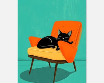 Könnte beinhalten: Illustration einer schwarzen Katze, die in einem orangefarbenen Mid-Century-Modern-Sessel mit gelben Kissen schläft. Die Katze ist zusammengerollt, und der Hintergrund ist türkis. Der Stuhl hat Holzbeine.