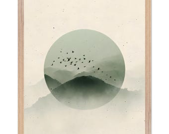 Framed Japandi Moon Print | Sage Green, Minimalist Birds Wall Art, Scandi Zen Poster