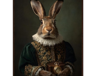 Retrato de conejo vintage enmarcado / Arte mural de liebre renacentista / Decoración de Dark Academia / Estilo Alicia en el país de las maravillas / Impresión animal caprichosa