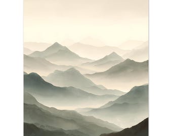 Impresión sin marco de Montaña Verde Salvia / Arte paisajístico minimalista japonés