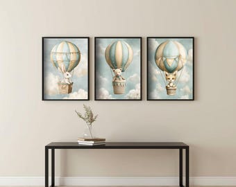 Framed Hot Air Balloon Animal Prints, Nursery Wall Art Set of 3