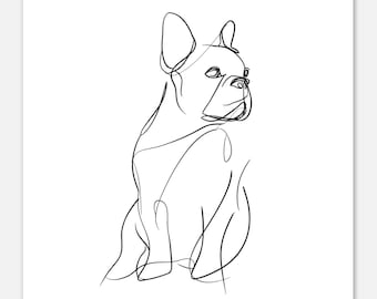 May include: A minimalist black line drawing of a French Bulldog. The artwork depicts the dog in a seated position, with its head turned to the side. The simple, continuous lines create a modern and elegant aesthetic.